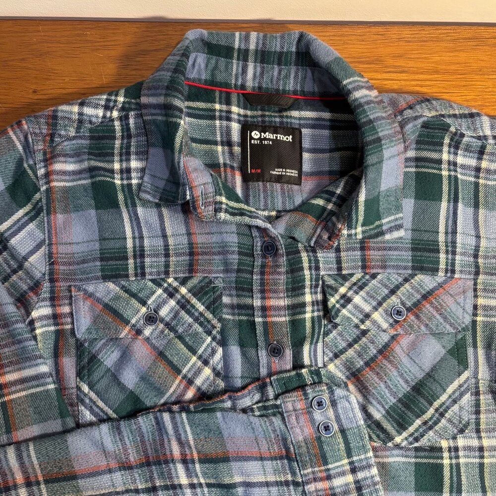 Marmot Women's Plaid Blue & Green Flannel Shirt sz Medium